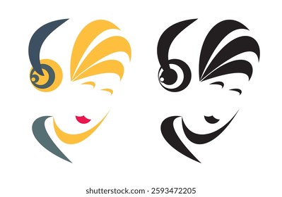 A girl listens to music with headphones Emblem insignia