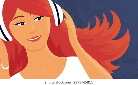 The girl listens to music with headphones. Happy face. Concept radio podcast. Vector flat illustration
