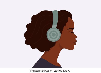 Girl listens to music in headphones. Profile of a young African woman. Podcast, audiobook, radio, meditation concept. Vector flat illustration