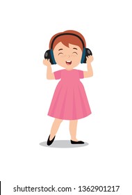 The girl listens to music in headphones. The girl sings. Vector illustration

