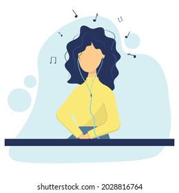  The girl listens to music with headphones. Music sounds. The woman is a music lover.