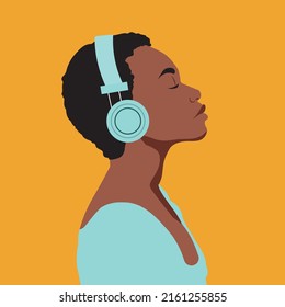 The Girl Listens To Music In The Headphones. Music Therapy. Profile Of A Young African Girl. Side View Of Musician Avatar. Flat Vector Illustration.