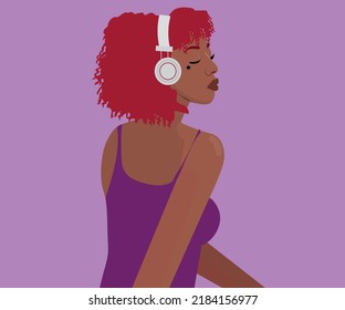 The Girl Listens To Music In The Headphones. Music Therapy. Profile Of A Young African Girl. Side View Of Musician Avatar. Flat Vector Illustration.