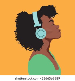 The girl listens to music in the headphones. Music Therapy. Profile of a young African girl. Side view of musician avatar. Flat vector illustration