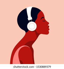 The girl listens to music on headphones. Music therapy. Profile of a young African woman. Musician avatar side view. Vector flat illustration