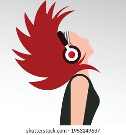 The girl listens to music on headphones and hair waving. Music therapy. Profile of a young woman. Musician avatar side view. Vector flat illustration