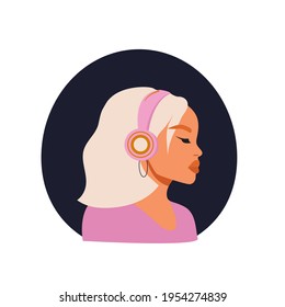 The girl listens to music on headphones. Music therapy. Profile of a young woman. Musician avatar side view. Vector flat illustration. Blonde woman in headphones