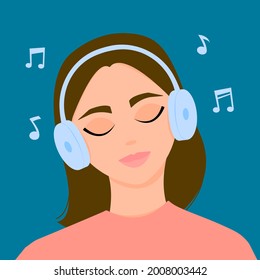 The girl listens to music on headphones with her eyes closed. Vector illustration.	
