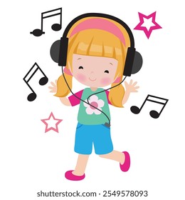 The girl listens to music on headphones