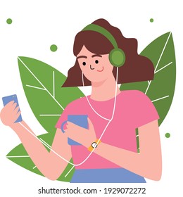 A girl listens to music on her phone with headphones and drinks tea or coffee, an abstract background of leaves