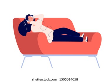 Girl listens music on sofa. Happy teenager relaxing and enjoying on couch with headphones and cell phone vector concept