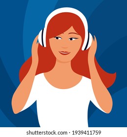 A girl listens to music through headphones. Happy face. Vector flat illustration.