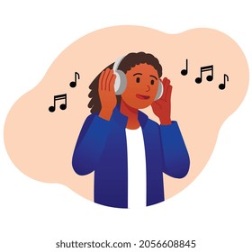 Girl listens to music. Young character in headphones listens to his favorite track on radio and sings along. Hobbies and pleasant pastime. Cartoon flat vector illustration isolated on white background