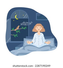 A girl listens to the nightingale singing to calm herself down before going to sleep. Healthy sleep.