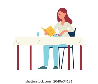 A girl literature fan reads an interesting book and eats sitting at the table in the kitchen. Literary hobby. A female student studies a textbook. Flat isolated vector illustration