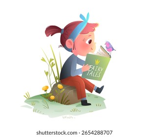 Menina e passarinho lendo um livro de contos de fadas na floresta. Criança menina desfrutar de uma história na grama no deserto. Ilustração vetorial de desenho animado bonito de crianças aprendendo, clip-art educacional.