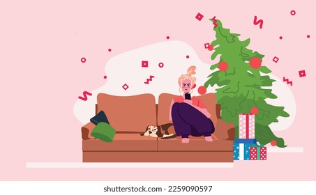 girl with little dog using laptop near decorated fir tree happy new year merry christmas holidays celebration