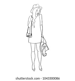 Girl in little dress. Summer outfit. Hand drawn vector illustration.