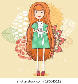 Girl with little white cat on abstract floral background. Vector cute illustration