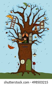 The girl lives in a magic tree. Vector illustration. doodle