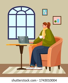 Girl in living room sits in front of laptop. Home entertainment. Woman with scarf and cup. Cozy apartment interior, paintings, carpet. Stay at home and be safe. Self-isolation. Flat vector image