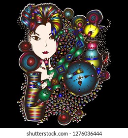 The girl is a lizard. Hand-drawn psychedelic pattern