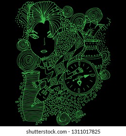 The girl is a lizard. Hand-drawn psychedelic pattern