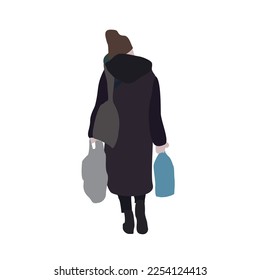 A girl loaded with a bottle of water and bags walks down the street and speaks on the phone. 2d image for use as an entourage. Vector flat city infographics.