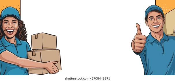 A girl with a loader guy, a courier in pop art style with boxes smiling at an empty banner