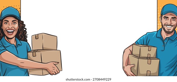 A girl with a loader guy, a courier in pop art style with boxes at an empty banner