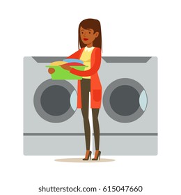 Girl Loading Dirty Laundry, Part Of People Using Automatic Self-Service Laundromat Washing Machines Of Vector Illustrations