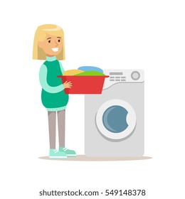Girl Loading Washing Machine With Clothes Smiling Cartoon Kid Character Helping With Housekeeping And Doing House Cleanup