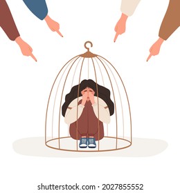 Girl locked in cage. Fingers pointing on sad woman. Depressed teenager hugging knees and crying. School bullying. Empowerment movement. Vector illustration in cartoon style.