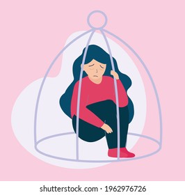 Girl locked inside a cage like a bird. Inequality and restriction of women's ability in society. Women's empowerment. Concept of freedom independence abuse gender violence and mental disorders. Vector