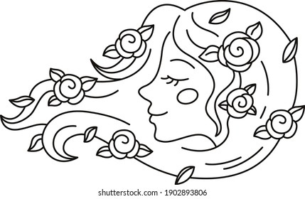 Girl logo. Beautiful hair with roses. Beauty