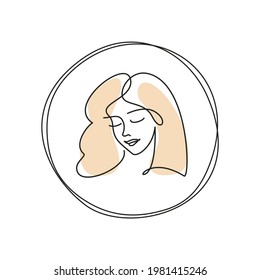 girl logo one line. look, emotion. vector logo beauty salon - hairstyle, lips, tattoo. woman looking down - icon isolated on white background. cosmetics