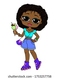 
Girl lol on roller skates and with ice cream in her hands. Afro hairstyle. Curls. Afro. Fashionable bright clothes. Summer. Image on a white isolated background. Vector and illustration.