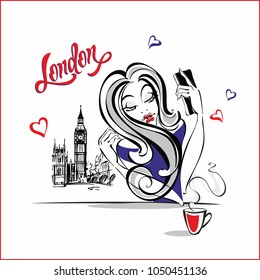 A girl in London doing a selfie. Photographed against the backdrop of the Big Ben tower. Tourist. Beautiful girl. Fashion model. Vector illustration.