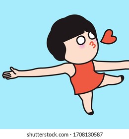 Girl With Long Arms Wide Open To Express Her Love For Someone. Woman Waiting For A Hug. Valentine Day Concept Card Character illustrationai