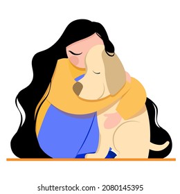 A girl with long black hair hugs her big dog. Isolated image of love for animals on white background