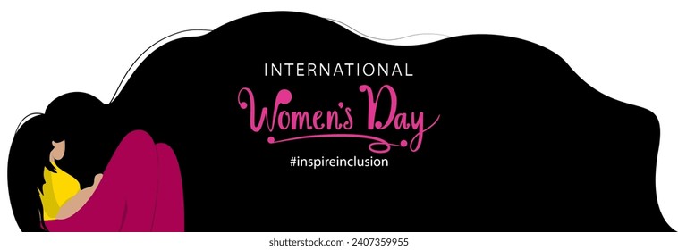 A girl with long black hair and the inscription women's day. A poster, banner or postcard for an invitation to a holiday.