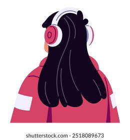 Girl with long black hair listens to music with headphones back view. Young woman with song, audio podcast playing in earphones, headset. Flat isolated vector illustration on white background