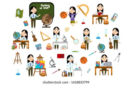 Girl with long black hair at school. Student in school uniform in different lessons: science, history, sports, art, maths, English, information technology, music. Conducting experiments. Cute Vector 