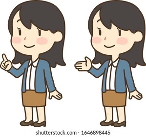 Girl with long black hair standing explaining and pointing