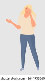 A girl with long blonde hair, in a sweater and jeans, stands at full height and brings the phone to her ear. Vector. Isolated image on a white background. Flat cartoon style