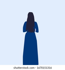 Girl in long blue dress, illustration, vector on white background.