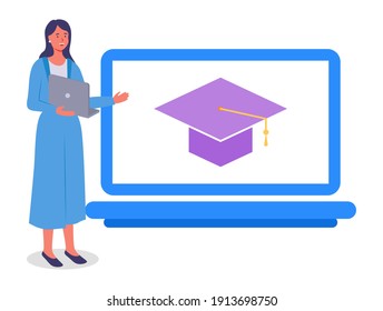 Girl in long blue dress with laptop stands and points to huge monitor laptop screen with large lilac student master's hat image. Online education concept. Flat vector image isolated on white