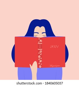 Girl with long blue hair is reading book. Winter illustration for new year in flat style. Concept for 2021 year as magical and happy year. Vector illustration for greeting card
