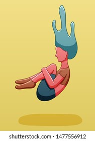 Girl with long blue hair and red skin levitates in the air in the fetal position on a yellow background in vector. There is shadow below her on the ground.