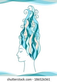 Girl with long blue hair. Vector illustration.